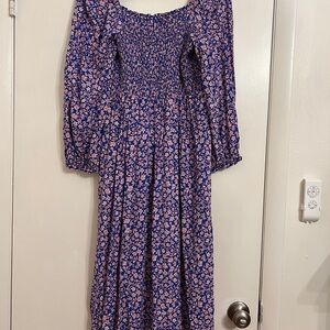 J Crew Smocked Puff Sleeve Dress In Blue with Pink Floral Cottagecore Romantic